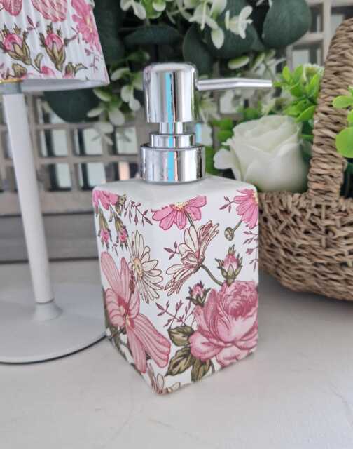 Lovely Pink Floral Decoupaged Ceramic Soap Dispenser - image 1