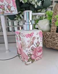 Lovely Pink Floral Decoupaged Ceramic Soap Dispenser