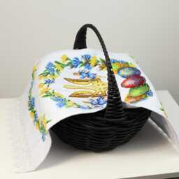 Ukrainian Easter Towel, Basket Cover Embroidered With Beads, Cloth Eggs, Angels & Tryzub - thumbnail 4