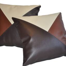 "2 Brown Tan Cream Tri Style Faux Leather Cushions 16"" 18"" 20" - thumbnail 3