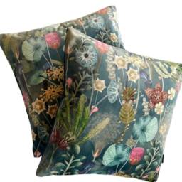 Herbarium Velvet Cushion Cover Botanical Teal Green Pink Yellow Blue Exotic Plants - thumbnail 3