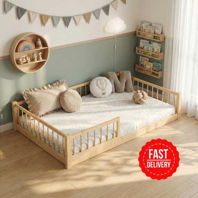 Montessori Toddler Floor Bed - Solid Pine Wood Low Frame, Natural Non-Toxic - Free Delivery - image 1