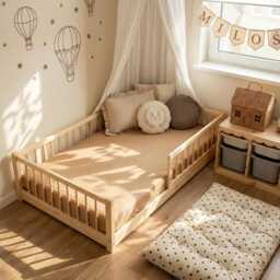 Montessori Toddler Floor Bed - Solid Pine Wood Low Frame, Natural Non-Toxic - Free Delivery - thumbnail 2