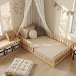 Montessori Toddler Floor Bed - Solid Pine Wood Low Frame, Natural Non-Toxic - Free Delivery - thumbnail 3