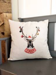 Reindeer Christmas Sweater Pillow Cover - Farmhouse Linen - thumbnail 1