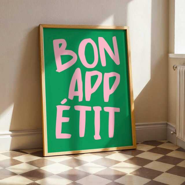 Bon Appetit Poster, Typography Print, French Quote Green & Pink Kitchen Wall Art, Funky Maximalist Print - image 1