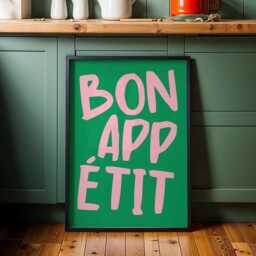 Bon Appetit Poster, Typography Print, French Quote Green & Pink Kitchen Wall Art, Funky Maximalist Print - thumbnail 3
