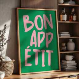 Bon Appetit Poster, Typography Print, French Quote Green & Pink Kitchen Wall Art, Funky Maximalist Print - thumbnail 2