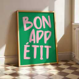 Bon Appetit Poster, Typography Print, French Quote Green & Pink Kitchen Wall Art, Funky Maximalist Print - thumbnail 1