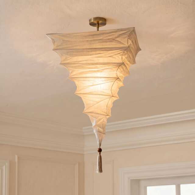 Cream Silk Pagoda Pendant Light Shade With Decorative Tassel - 14 Inch Square - image 1