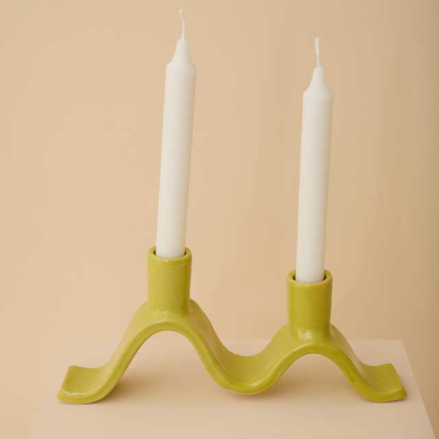 Chartreuse, Wavy Ceramic Candelabra - Handmade Candle Holder For Two Dinner Candles - image 1