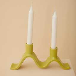Chartreuse, Wavy Ceramic Candelabra - Handmade Candle Holder For Two Dinner Candles - thumbnail 1