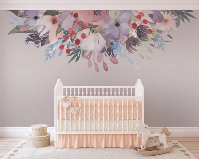 Wild Summer Garden Bouquet Pink Lavender Peonies & Blooms Wall Mural Watercolor Flowers Blossoms Decals Peel & Stick Removable - image 1