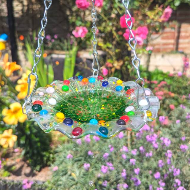 Bird Bath Feeder Handmade Fused Glass Small Wildlife Bowl For Garden - image 1