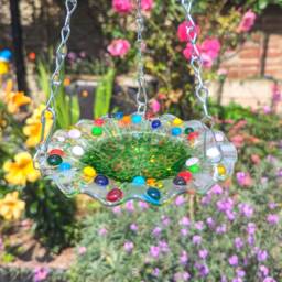 Bird Bath Feeder Handmade Fused Glass Small Wildlife Bowl For Garden - thumbnail 1