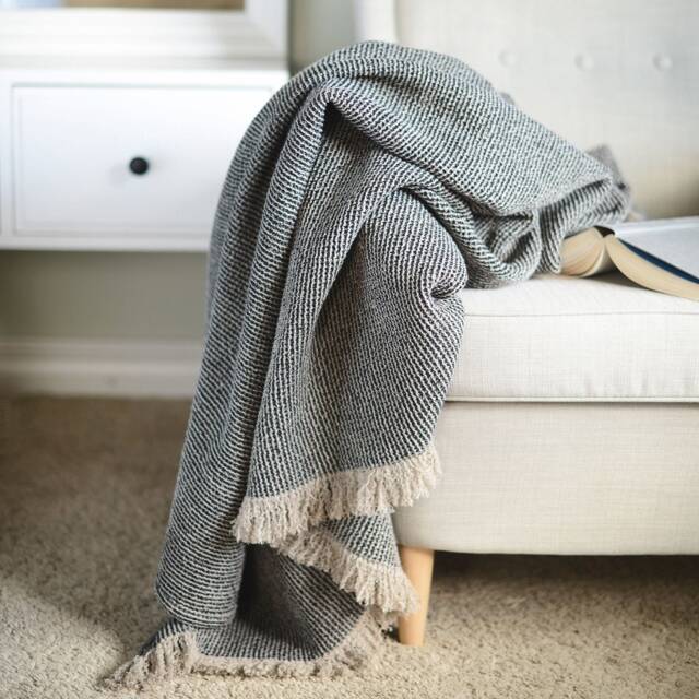 Black Linen Throw, Pure 100% Throw Blanket, Fringed Waffle Blanket Scarf, Gift For Family - image 1