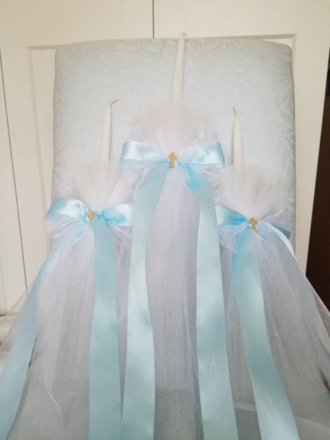 Greek Orthodox Baptism Candle Lambada Christening Blue & White Baby Boy Set - image 1