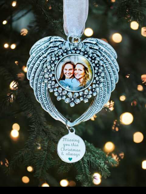Personalised Christmas Tree Decoration, Tree Photo Bauble, Angel Wings Memorial Ornament, in Loving Memory Photo Gift - image 1
