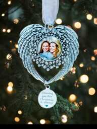 Personalised Christmas Tree Decoration, Tree Photo Bauble, Angel Wings Memorial Ornament, in Loving Memory Photo Gift - thumbnail 1