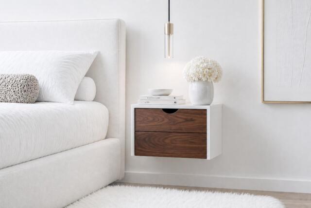 Aren Floating Nightstand Drawers, Hardwood Wall Mount Nightstand, Bedside Danish Furniture, High End Lacquer Finish - image 1