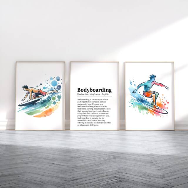 Bodyboarding Poster Print Set - 3 Prints - Wall Art Gifts Surfer Gift Definition Surfing Decor Watercolour Artwork - image 1
