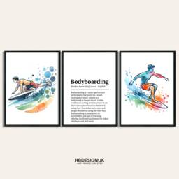 Bodyboarding Poster Print Set - 3 Prints - Wall Art Gifts Surfer Gift Definition Surfing Decor Watercolour Artwork - thumbnail 2