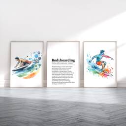 Bodyboarding Poster Print Set - 3 Prints - Wall Art Gifts Surfer Gift Definition Surfing Decor Watercolour Artwork - thumbnail 1