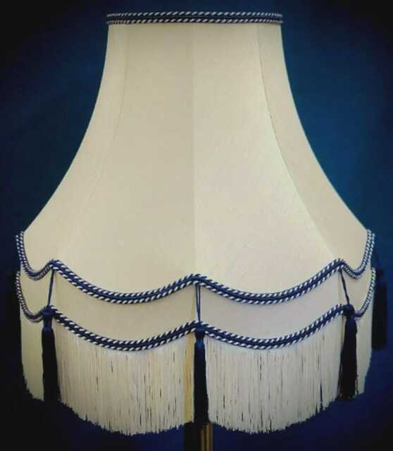 Handmade Cream Dupion Lampshade With Navy Blue Trim & Tassels - image 1