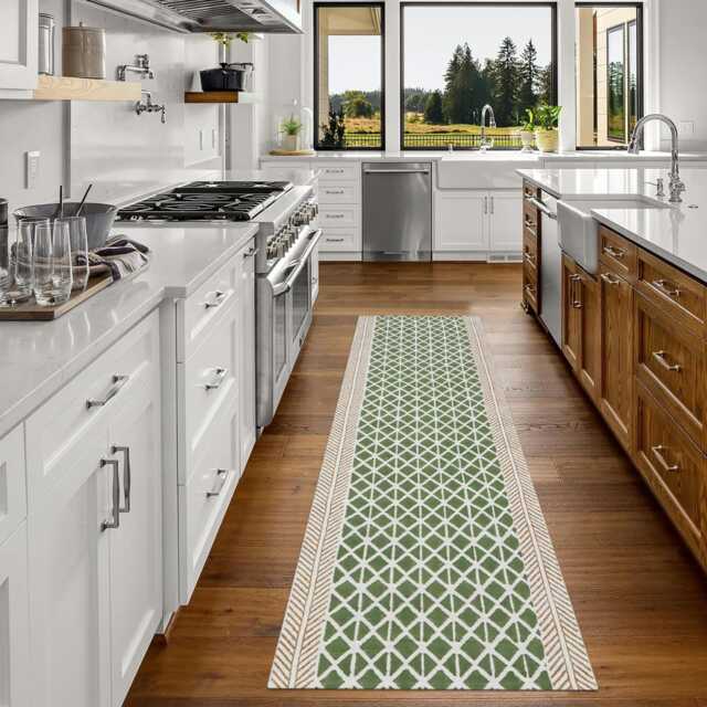 Hand Block Printed Cotton Runner Rug, Green Beige Dhurrie, Washable Stair Rug - image 1