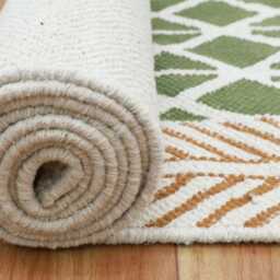 Hand Block Printed Cotton Runner Rug, Green Beige Dhurrie, Washable Stair Rug - thumbnail 4