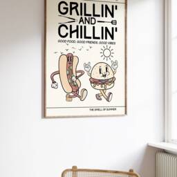 Bbq Grillin & Chillin Retro Character Print - Fun Kitchen Print, Mascot Cartoon, Funny Sausage Burger, 60S 70S Art, Diner - thumbnail 2