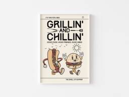 Bbq Grillin & Chillin Retro Character Print - Fun Kitchen Print, Mascot Cartoon, Funny Sausage Burger, 60S 70S Art, Diner - thumbnail 1