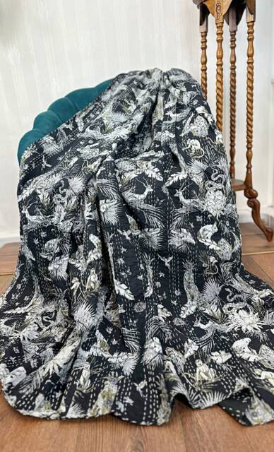 Kantha Stitch Pure Cotton Reversible Bed/Sofa Throw King Size - Tropical Animal Bird Jungle Monochrome Dohar Indian Blankets Black Paradise - image 1