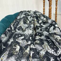 Kantha Stitch Pure Cotton Reversible Bed/Sofa Throw King Size - Tropical Animal Bird Jungle Monochrome Dohar Indian Blankets Black Paradise - thumbnail 4