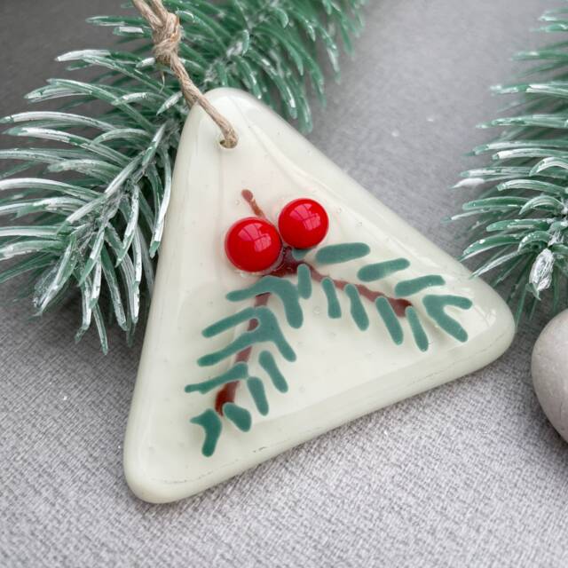 Yew Berry ~ Handmade Fused Glass Christmas Tree Decoration Triangle Cream - image 1