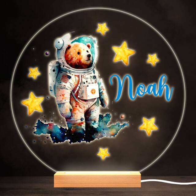 Space Bear Star Astronaut Colourful Round Personalised Gift Led Lamp Night Light - Bedroom - image 1