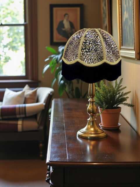 Handmade Lynx Animal Print Dome Lampshade With Gold Braid & Black Fringe, UK Made - Animal Fabric Lamp Shades - image 1