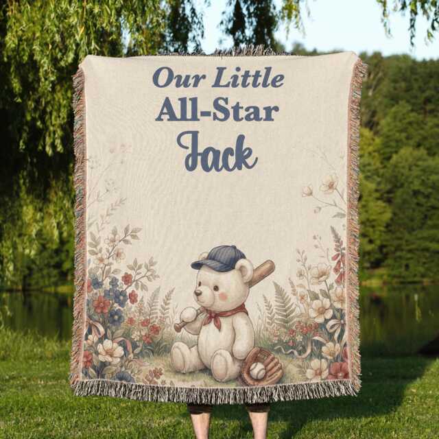 Personalized Baseball Blanket, Custom Name Little All-star Keepsake, Watercolor Teddy Bear Nursery Throw, Baby Boy Sports Gift - image 1
