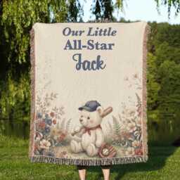Personalized Baseball Blanket, Custom Name Little All-star Keepsake, Watercolor Teddy Bear Nursery Throw, Baby Boy Sports Gift - thumbnail 1