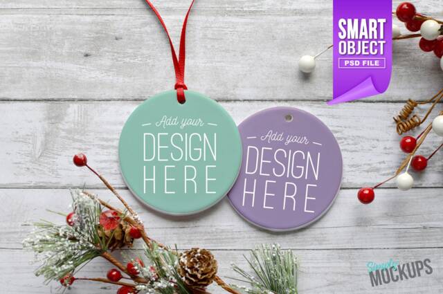 Christmas Ornament Mockup - Double Sided, Round White Porcelain Ornament - Add Your Own Image Template With Smart Object Digital Download - image 1