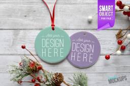 Christmas Ornament Mockup - Double Sided, Round White Porcelain Ornament - Add Your Own Image Template With Smart Object Digital Download - thumbnail 1