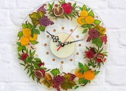 Kitchen Wall Clock Hand Painted With Lemons, Grapes & Ripe Pomegranate - Mediterranean Stain Glass Fruit Decor