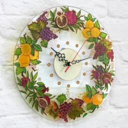Kitchen Wall Clock Hand Painted With Lemons, Grapes & Ripe Pomegranate - Mediterranean Stain Glass Fruit Decor - thumbnail 3