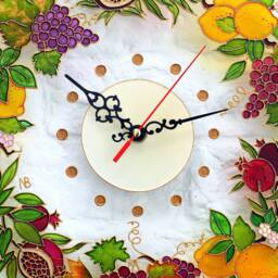 Kitchen Wall Clock Hand Painted With Lemons, Grapes & Ripe Pomegranate - Mediterranean Stain Glass Fruit Decor - thumbnail 2