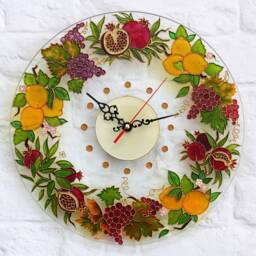 Kitchen Wall Clock Hand Painted With Lemons, Grapes & Ripe Pomegranate - Mediterranean Stain Glass Fruit Decor - thumbnail 4