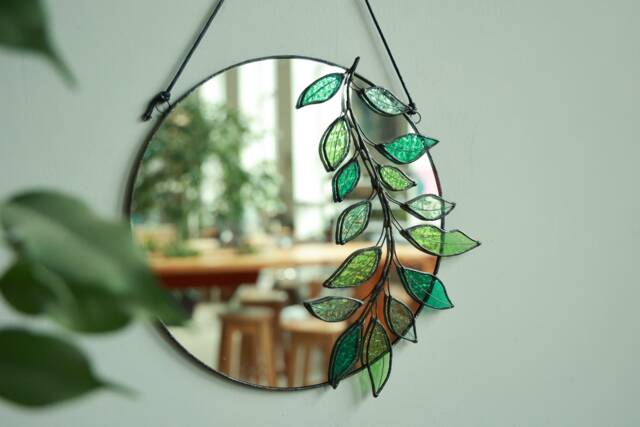 stained Glass Mirror With Leaves, Circle Wall Hanging Mirror, Botanical Plant Floating Boho Bathroom Decor - image 1