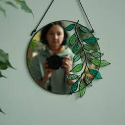 stained Glass Mirror With Leaves, Circle Wall Hanging Mirror, Botanical Plant Floating Boho Bathroom Decor - thumbnail 2