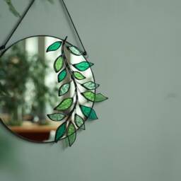 stained Glass Mirror With Leaves, Circle Wall Hanging Mirror, Botanical Plant Floating Boho Bathroom Decor - thumbnail 3