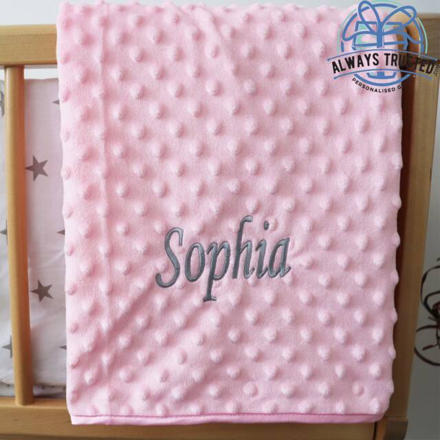 Personalised Baby Blanket Luxury Pink Bubble Style Grey Script Font Name Print - image 1