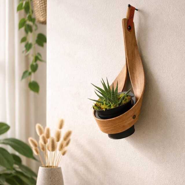 Personalized Wall Mounted Planter Steam Bent Wood, Indoor Plant Pot Holder - image 1
